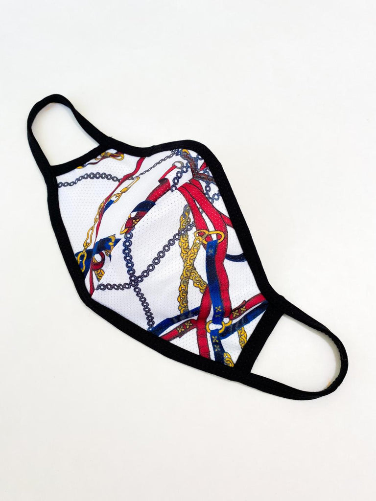 PRINT MESH MASK WITH COTTON LINING CHAINS/STRAPS RY/RD